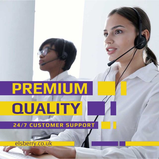Customers Support with Smiling Assistant in Headset Animated Post Tasarım Şablonu