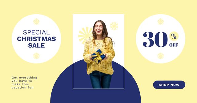 Plantilla de diseño de Woman with Gift on Christmas Sale Yellow Facebook AD 