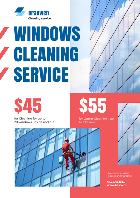 Plantilla de diseño de Window Cleaning Service with Worker on Skyscraper Wall Poster 