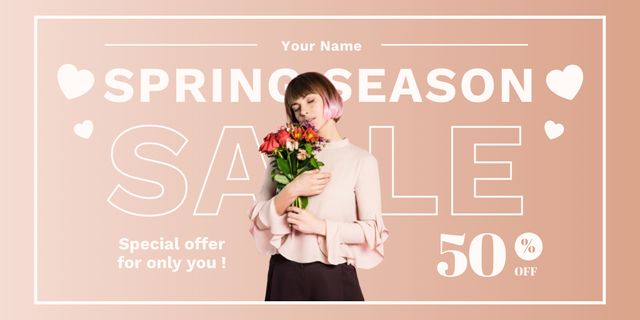 Spring Sale with Young Woman with Bouquet and Hearts Twitter Design Template