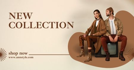 Anúncio de coleção de moda com casal estiloso em marrom Facebook AD Modelo de Design