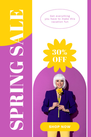 Spring Sale Announcement with Woman with Yellow Flower Pinterest Modelo de Design