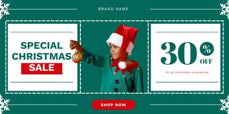 Mixed Race Kid on Christmas Sale Green Twitter Design Template