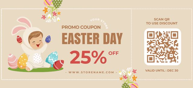Szablon projektu Easter Discount Offer with Cartoon Baby Girl Wearing Easter Bunny Costume Coupon 3.75x8.25in