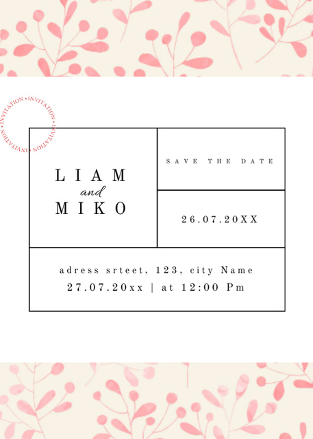 Wedding Announcement with Pink Flowers Illustration Invitation Tasarım Şablonu