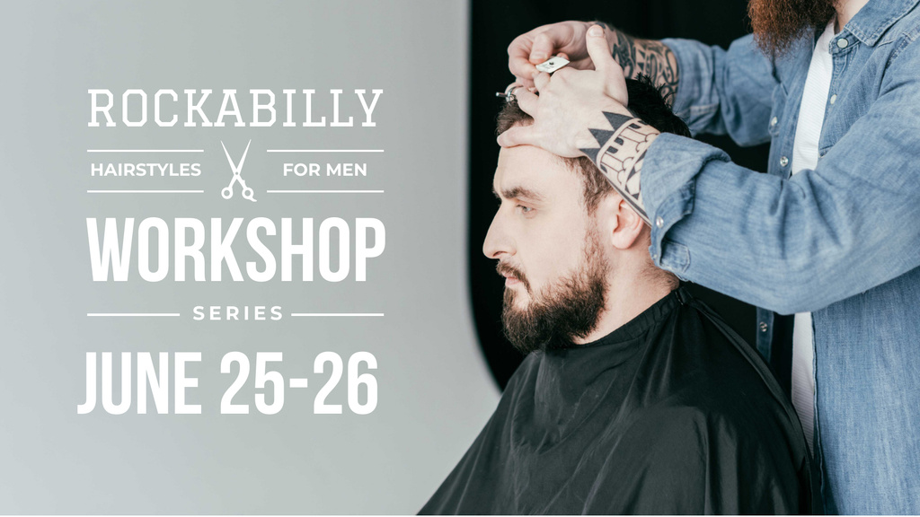Ontwerpsjabloon van FB event cover van Hairstyles Workshop Offer with Client at Barbershop