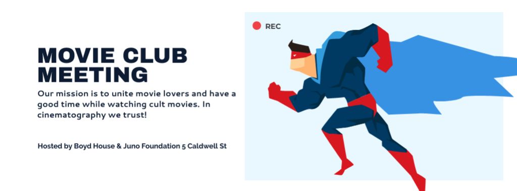 Movie Club Meeting with Man in Superhero Costume Facebook cover – шаблон для дизайну