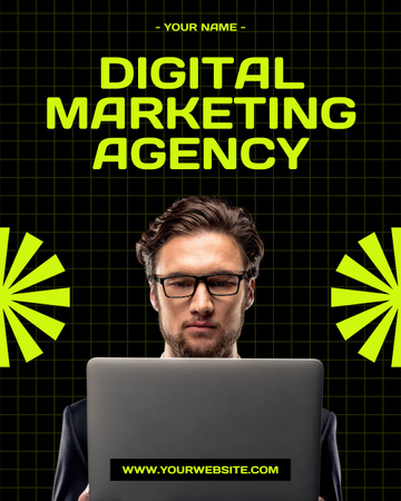 Designvorlage Serviceangebot einer Agentur für digitales Marketing mit Mann mit Laptop auf Schwarz für Instagram Post Vertical