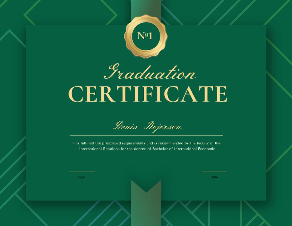 Graduation Diploma with Green Ribbon Certificate Design Template