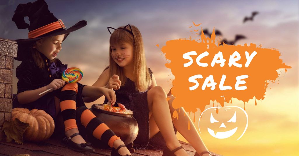 Halloween Sale with Children in Costumes Facebook AD Modelo de Design