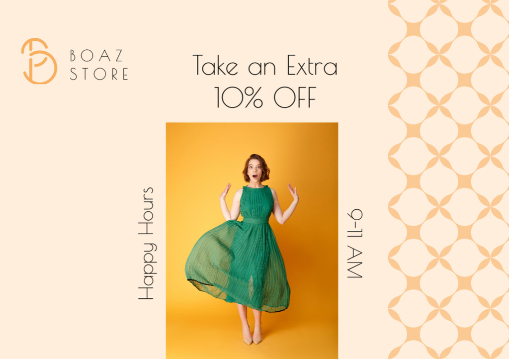 Plantilla de diseño de Fashion Shop Sale with Woman in Green Dress Flyer A5 Horizontal 