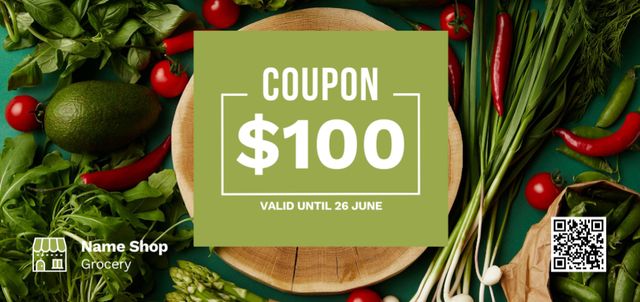 Grocery Store Special Offer with Green Vegetables Coupon Din Large Šablona návrhu