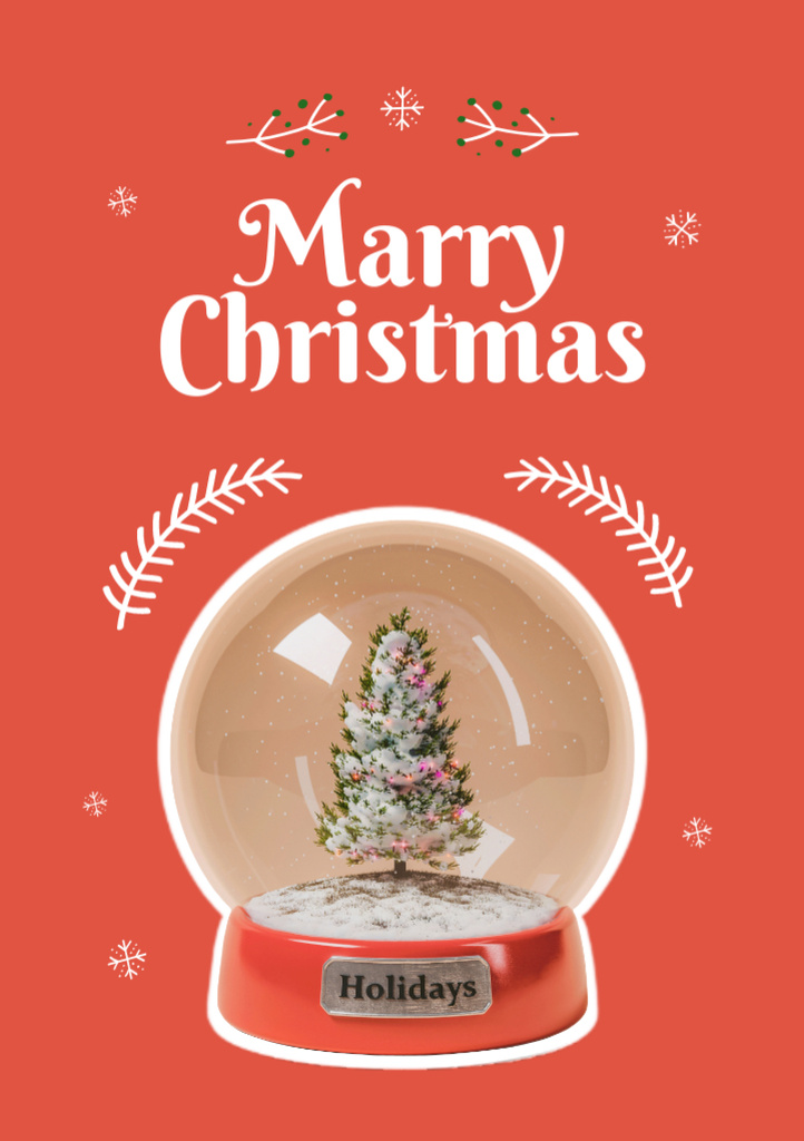 Christmas Greetings with Cute Twings and Glass Ball Postcard A5 Vertical Design Template