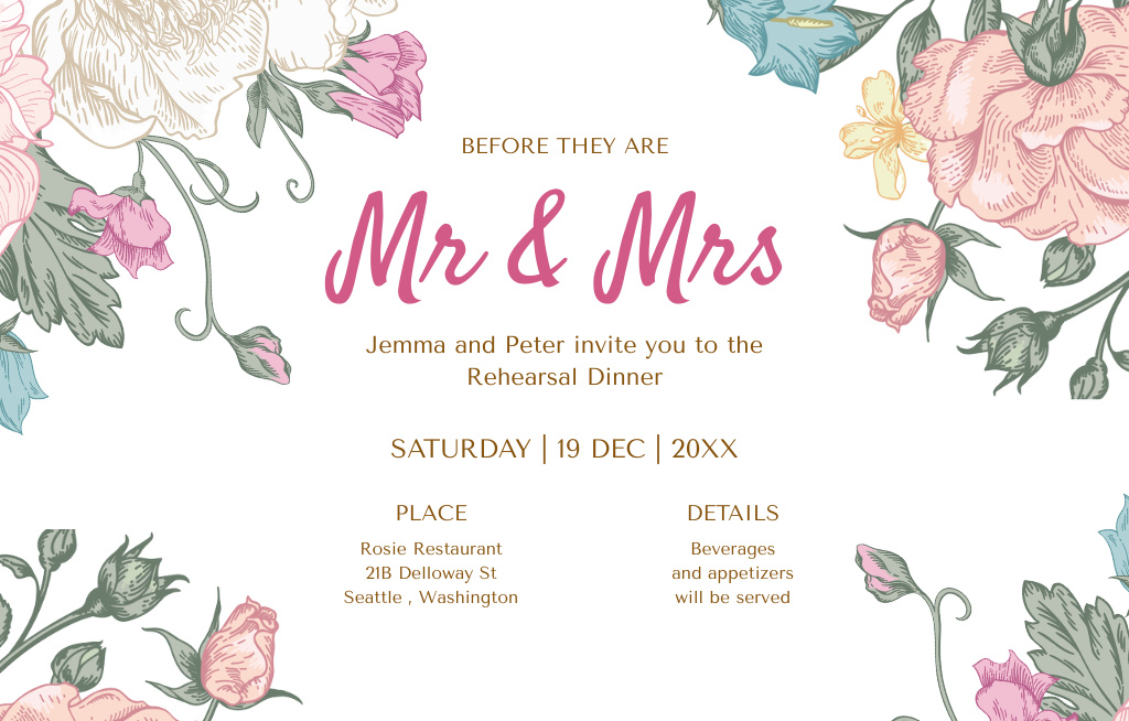 Designvorlage Announcement of Rehearsal of Dinner with Newlyweds für Invitation 4.6x7.2in Horizontal