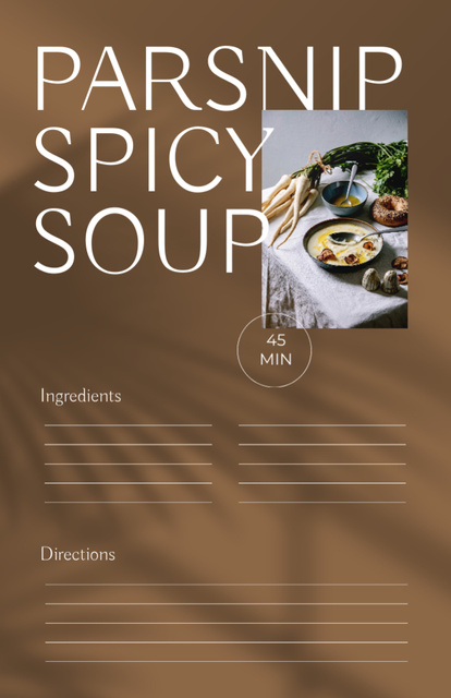 Plantilla de diseño de Parsnip Spicy Soup with Ingredients on Table Recipe Card 