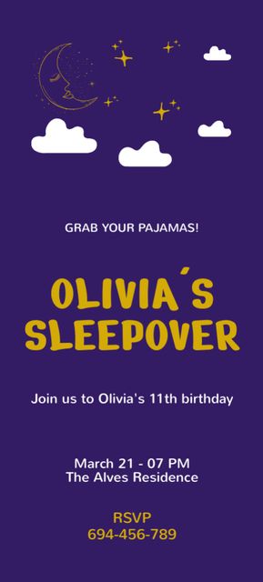 Girl's Sleepover Party Announceement on Dark Purple Invitation 9.5x21cm Design Template