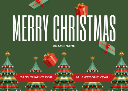 Szablon projektu Świąteczna wiadomość świąteczna z uroczystymi drzewami w kolorze zielonym Postcard 5x7in