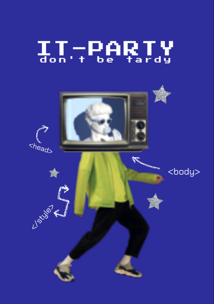 Party Announcement with TV-headed Man on Blue Flyer A7 Design Template