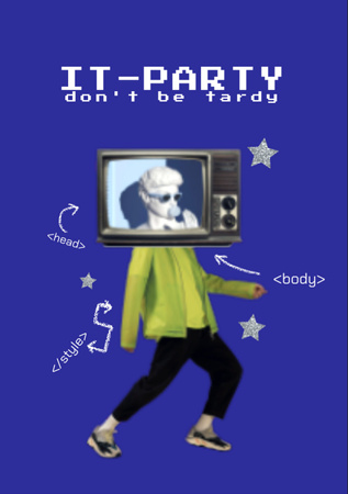Party Announcement with TV-headed Man on Blue Flyer A7 Design Template