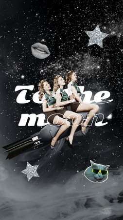 Cheerful Women Riding on Rocket Instagram Story Modelo de Design