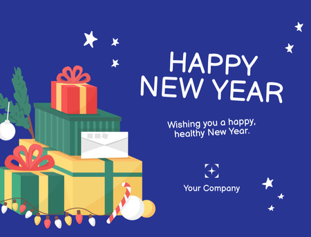 Desejos de ano novo com presentes coloridos e guirlanda Postcard 4.2x5.5in Modelo de Design