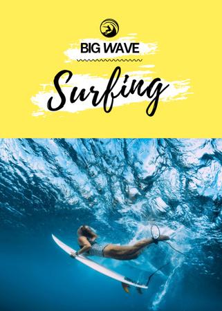 Designvorlage Werbung für eine Surfschule mit einer Frau, die im Wasser schwimmt für Postcard 5x7in Vertical