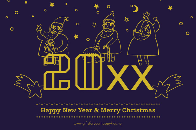 Ontwerpsjabloon van Postcard 4x6in van New Year And Christmas Greeting With Illustration of Santas