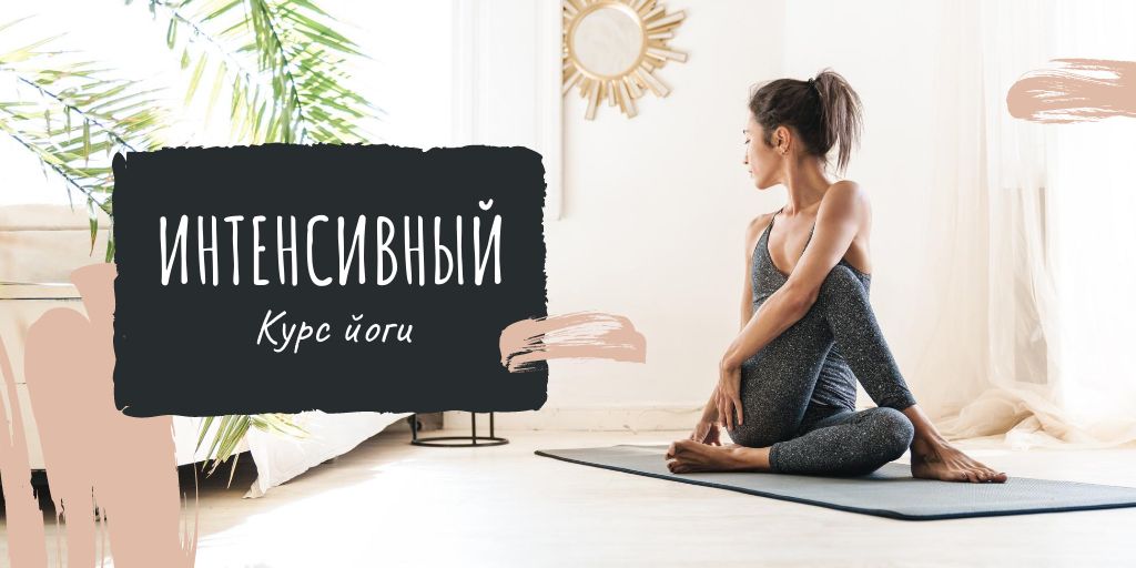 Woman practicing Yoga at home Twitter tervezősablon