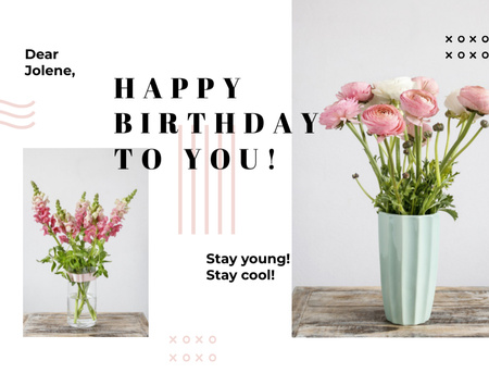 Birthday Greeting Pink Flowers in Vases Postcard 4.2x5.5in Šablona návrhu