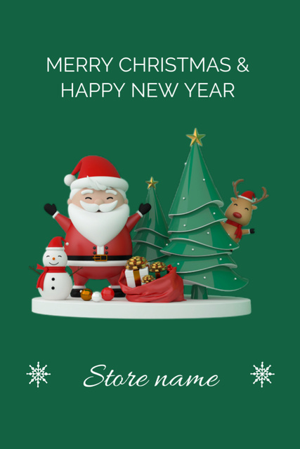Bright Christmas and New Year Cheers with Santa and Reindeer Postcard 4x6in Vertical Tasarım Şablonu