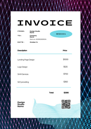 Design Stúdió szolgáltatásaik fényes neonhálóval Invoice tervezősablon