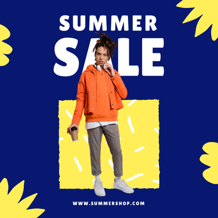 Plantilla de diseño de Oferta de verano de ropa de moda masculina en azul y amarillo. Instagram 