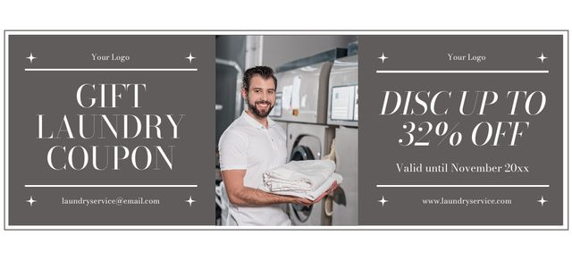 Discount Voucher for Laundry Services with Friendly Man Coupon 3.75x8.25in – шаблон для дизайну