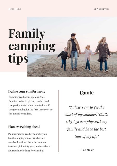 Family Camping Tips with Family on the beach Newsletter Modelo de Design