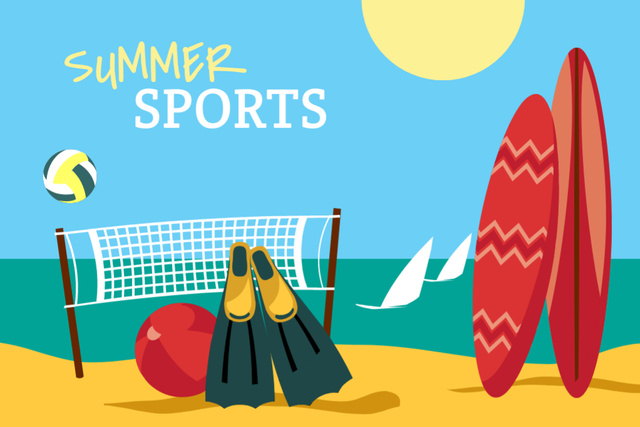 Summer Sports With Surfboards on Beach Illustration Postcard 4x6in Modelo de Design