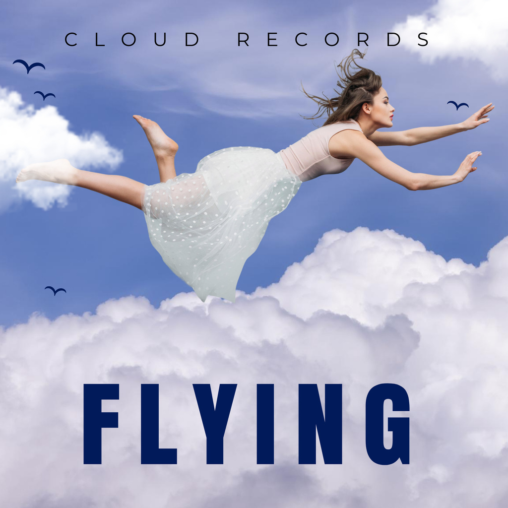 Woman flying in sky with birds Album Cover Design Template