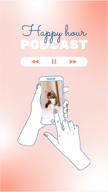 Podcast Announcement with Cute Kitty on Phone Screen Instagram Video Storyデザインテンプレート