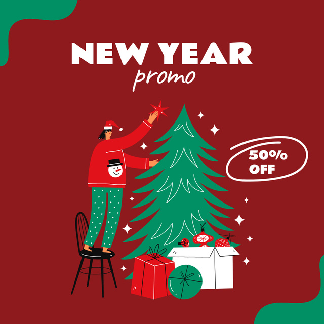 New Year Sale Offer Promo With Fir Tree Instagram Tasarım Şablonu
