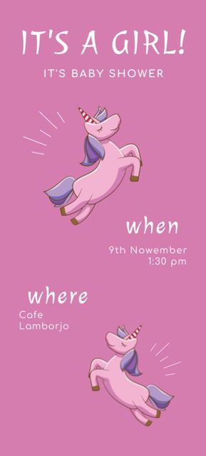Cute Announcement Of Baby Shower With Unicorns Invitation 9.5x21cm Design Template