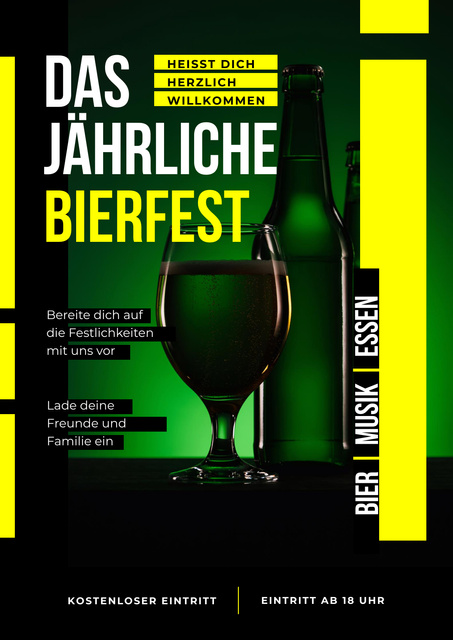 Beer Fest Invitation with Bottle and Glass in Green Posterデザインテンプレート