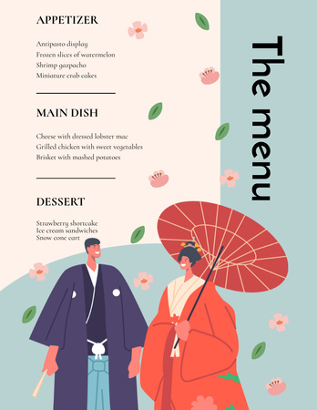 Japanese Style Illustration on Wedding Food List Menu 8.5x11in Design Template