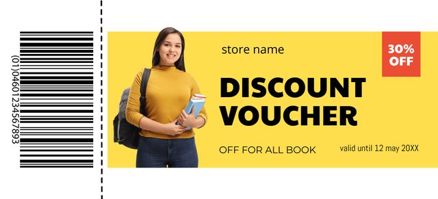 Bookstore Discount Voucher with Happy Young Woman Coupon 3.75x8.25in Design Template