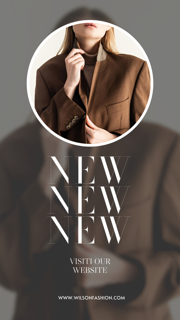 Plantilla de diseño de New Collection Announcement with Young Woman in Brown Jacket Instagram Story 