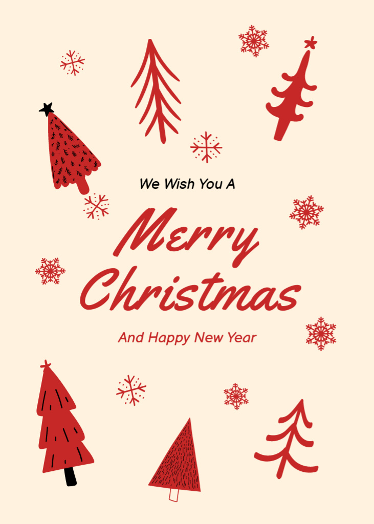 Platilla de diseño Christmas and New Year Wishes with Simple Red Trees Postcard 5x7in Vertical