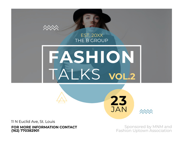 Fashion Talks Topic Announcement with Stylish Woman in Hat Flyer 8.5x11in Horizontalデザインテンプレート