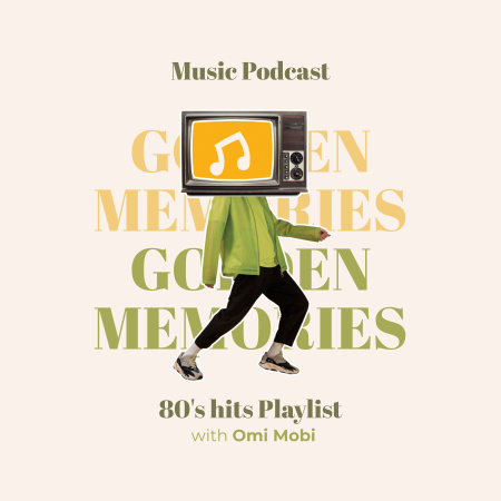 Plantilla de diseño de Persona con tv en la cabeza sobre títulos verdes y amarillos Podcast Cover 