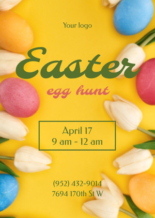 Platilla de diseño Easter Egg Hunt Announcement with Colorful Eggs and Tulips Flyer A6