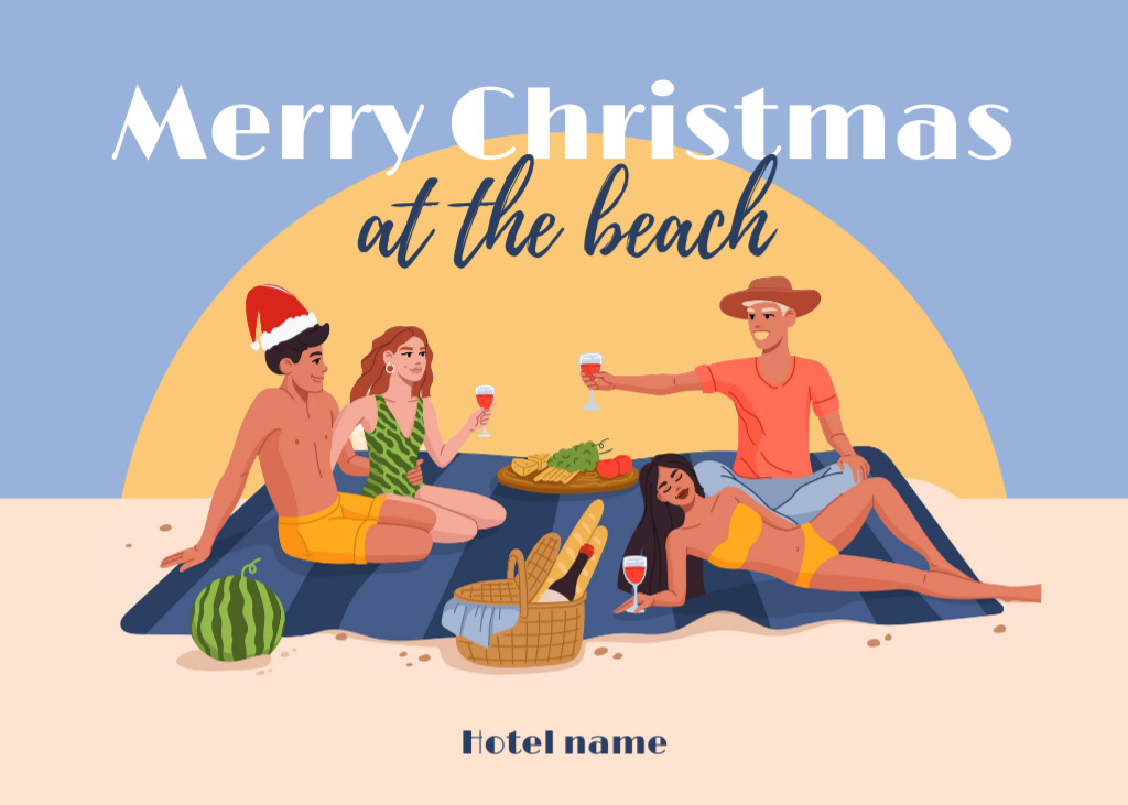 Lovely Friends Celebrating Christmas In July At Beach With Food Postcard 5x7in Design Template