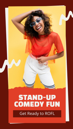 Modèle de visuel Publicité pour un spectacle de stand-up avec une jeune femme souriante et brillante - Instagram Story