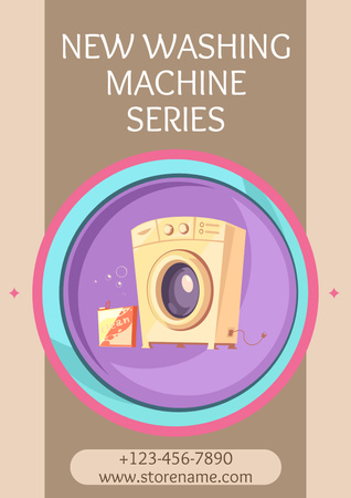 New Washing Machine Series Cartoon Illustrated Beige Poster Design Template